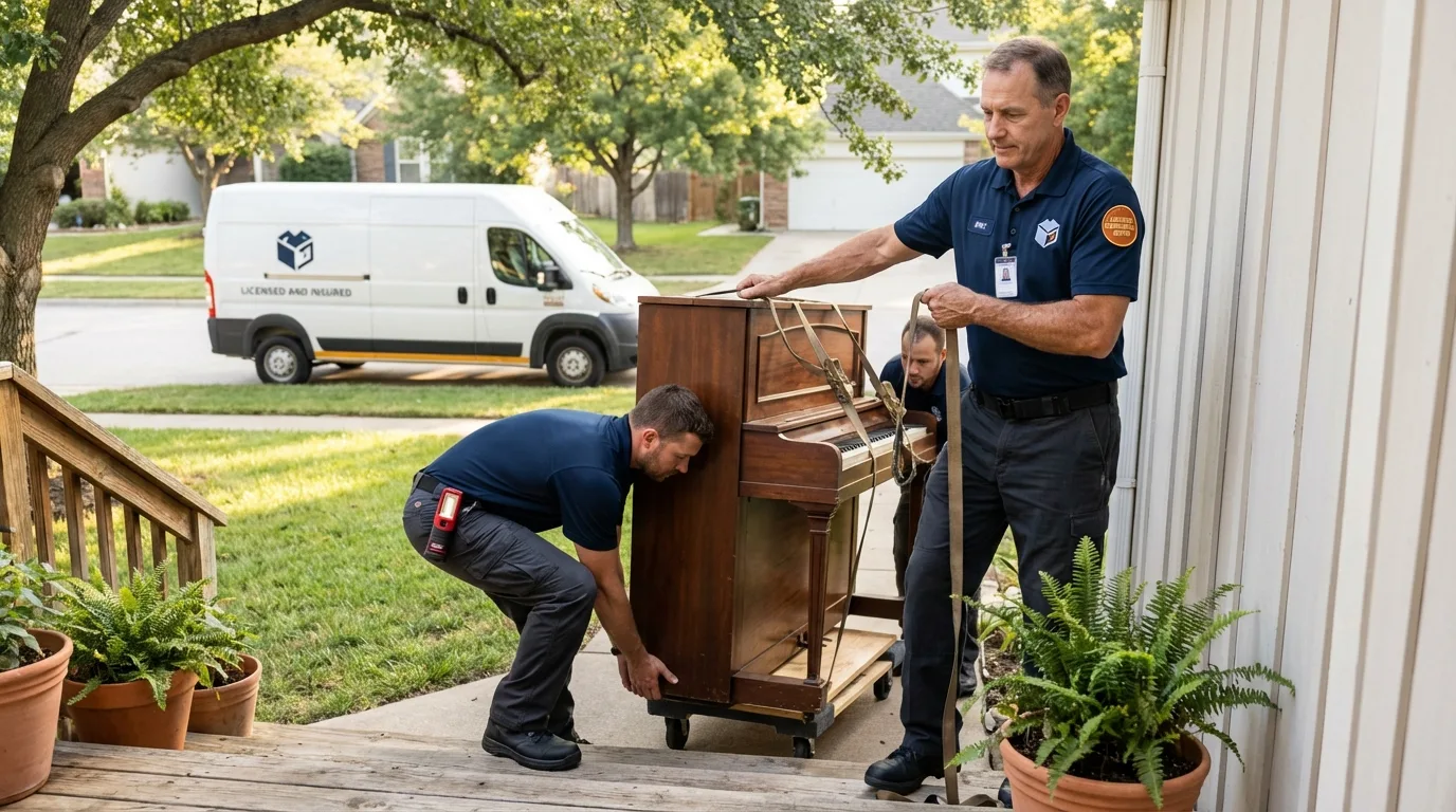 Licensed piano movers securing grand piano in Union City, IN