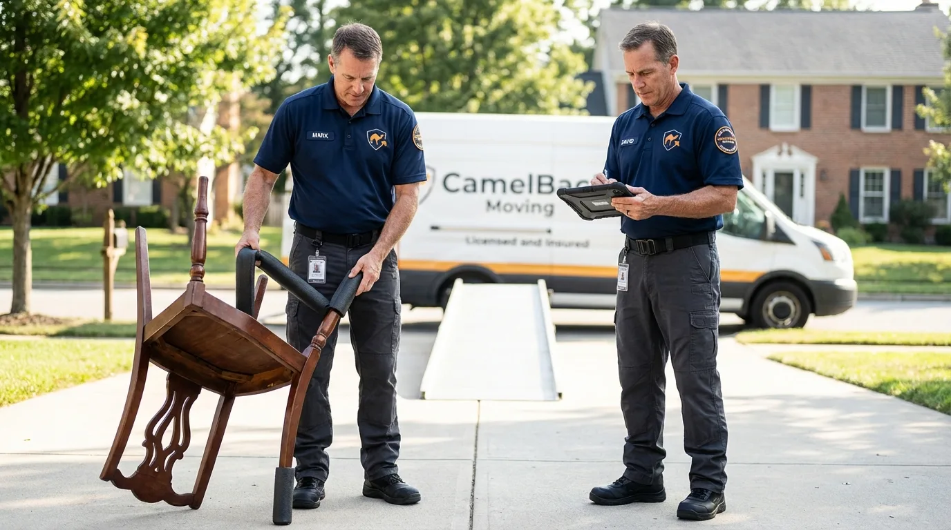 Movers inspecting furniture for damage prevention before loading in Union City, IN