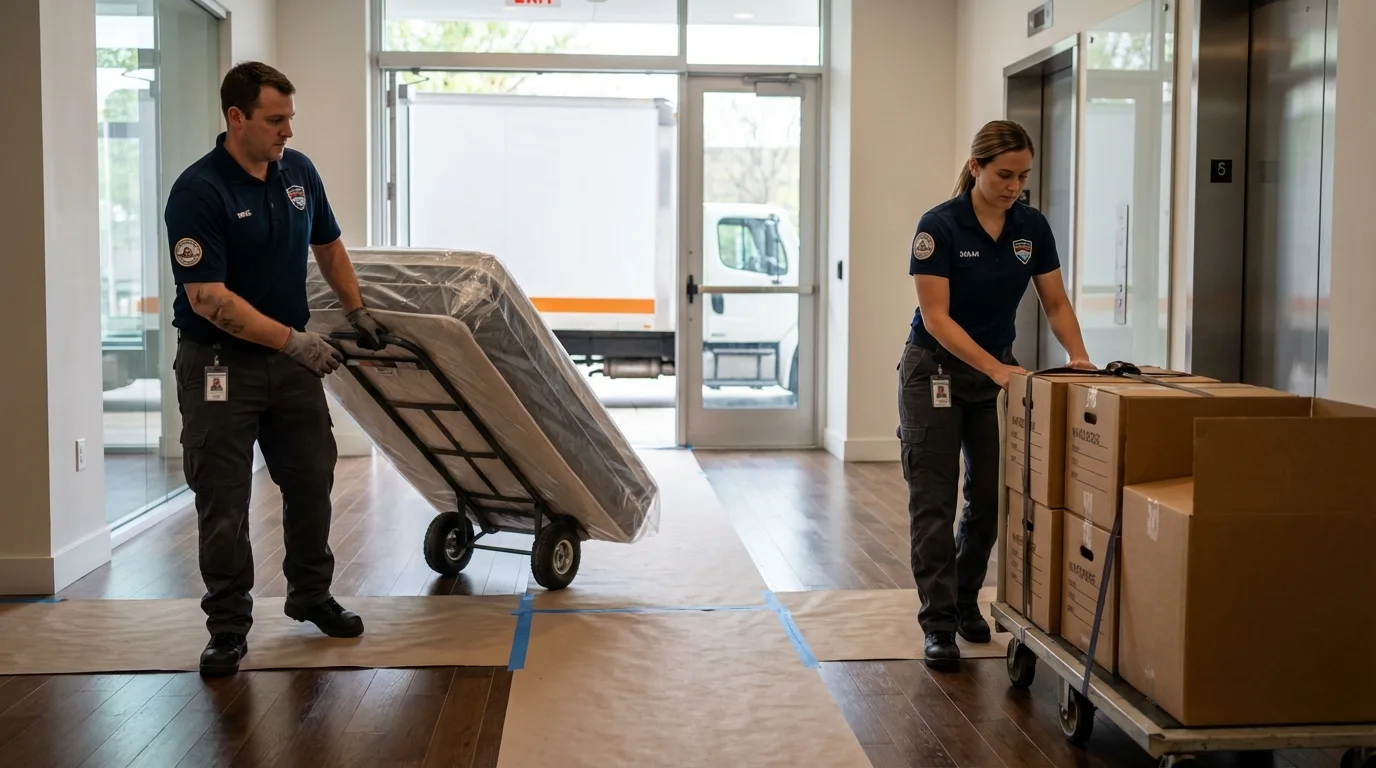 Professional apartment movers loading elevator in Union City, IN
