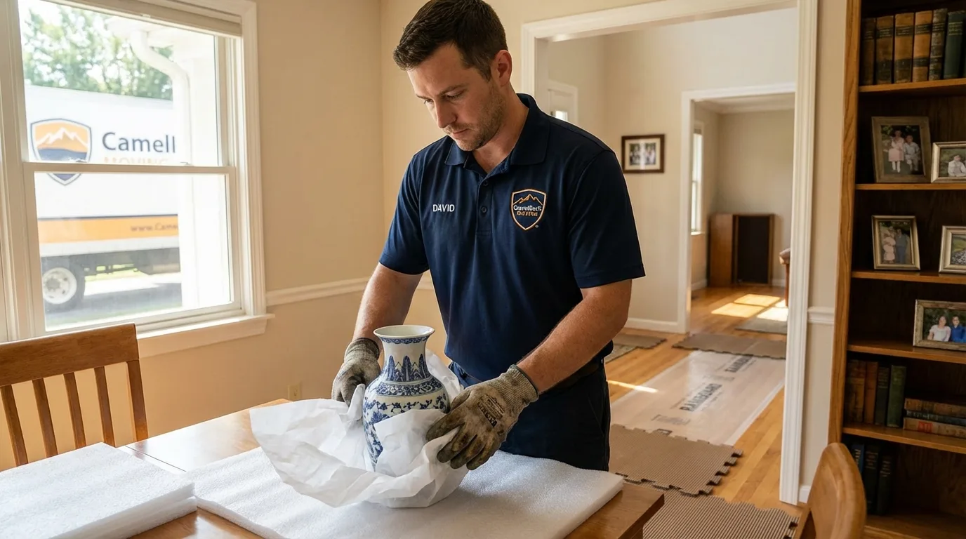 Professional crew carefully wrapping antique vase for senior downsizing move in Union City, IN