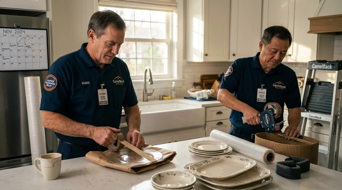 Professional crew packing kitchen dishware in Union City, IN